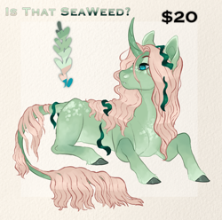 Size: 2228x2208 | Tagged: safe, artist:jadejellie, imported from derpibooru, oc, oc only, kelpie, pony, unicorn, female, high res, lying down, mare, prone, seaweed, solo