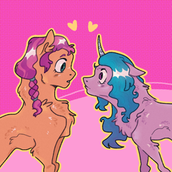 Size: 2048x2048 | Tagged: safe, artist:spiritsoda, imported from derpibooru, izzy moonbow, sunny starscout, spoiler:my little pony: a new generation, female, g5, heart, high res, izzyscout, lesbian, looking at each other, my little pony: a new generation, shipping, staring at each other, staring contest