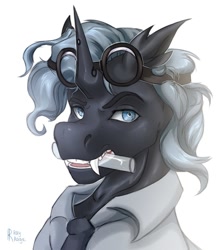 Size: 911x1024 | Tagged: safe, artist:raychelrage, imported from derpibooru, oc, oc only, changeling, pony, unicorn, fangs, goggles, looking at you, male, simple background, solo, stallion, test tube, white background