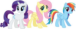 Size: 7664x3000 | Tagged: safe, artist:cloudy glow, imported from derpibooru, fluttershy, rainbow dash, rarity, pegasus, pony, unicorn, magical mystery cure, .ai available, female, mare, simple background, transparent background, trio, vector