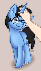 Size: 735x1280 | Tagged: safe, artist:sabrib, imported from derpibooru, oc, oc only, oc:tinker doo, glasses, hand, male, one eye closed, petting, smiling