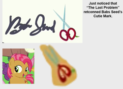 Size: 859x618 | Tagged: safe, edit, imported from derpibooru, screencap, babs seed, earth pony, pony, bloom and gloom, season 5, season 9, the last problem, cutie mark, female, filly, freckles, offscreen character, open mouth, open smile, smiling, solo focus, tail, text, two toned mane, two toned tail