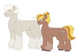 Size: 1280x854 | Tagged: safe, artist:itstechtock, imported from derpibooru, oc, oc only, oc:golden anjou, oc:pippin apple, earth pony, pony, female, male, mare, offspring, parent:big macintosh, parent:marble pie, parents:marblemac, simple background, stallion, white background