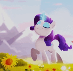 Size: 640x622 | Tagged: safe, imported from derpibooru, screencap, fluttershy, rarity, pegasus, pony, unicorn, spoiler:my little pony: a new generation, :t, animated, cropped, duo, evil rarity, eye twitch, eyes closed, eyeshadow, female, flower, fry brains, g5, gif, majestic as fuck, makeup, mare, my little pony: a new generation, offscreen character, pink mane, possessed, raised hoof, raised leg, red eyes, sharp teeth, solo focus, sproutity, standing, standing on two hooves, talking, teeth