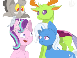 Size: 1280x960 | Tagged: safe, artist:artyfartyliz, imported from derpibooru, discord, starlight glimmer, thorax, trixie, changedling, changeling, draconequus, pony, unicorn, season 6, to where and back again, female, happy, king thorax, male, reformed four, signature, simple background, sketch, white background