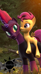 Size: 2160x3840 | Tagged: safe, artist:fanaticheretic7, imported from derpibooru, scootaloo, tempest shadow, pegasus, pony, unicorn, 3d, broken horn, cute, disability, forest, grin, high res, horn, magic, ponies riding ponies, riding, scootaloo riding tempest shadow, smiling, source filmmaker, sparking horn, sunlight, wholesome