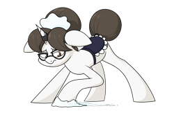 Size: 2333x1525 | Tagged: safe, artist:moonatik, imported from derpibooru, raven, pony, unicorn, bags under eyes, clothes, female, glasses, hair bun, horn, horn ring, magic suppression, maid, mare, ring, scrubbing, simple background, solo, tail, tail bun, tired, transparent background