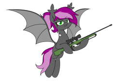 Size: 2517x1689 | Tagged: safe, artist:moonatik, imported from derpibooru, oc, oc only, oc:bitwise operator, bat pony, cyborg, pony, awp, bat pony oc, bat wings, ear fluff, ear tufts, eyebrows, eyebrows visible through hair, fangs, female, flying, green eyes, gun, hoof hold, implants, looking at you, mare, ponytail, rifle, simple background, slit pupils, solo, spread wings, tail, transparent background, two toned mane, two toned tail, weapon, wings