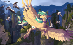 Size: 3000x1857 | Tagged: safe, artist:magicbalance, artist:vitanistarcat, imported from derpibooru, oc, oc only, oc:summer ray, bird, pegasus, pony, flying, mountain, scenery, solo