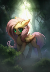 Size: 1400x2000 | Tagged: safe, artist:zetamad, imported from derpibooru, fluttershy, pegasus, pony, bush, cute, female, folded wings, forest, looking at you, mare, outdoors, raised hoof, shyabetes, solo, standing, three quarter view, tree, wings, wrong eye color