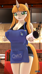 Size: 1080x1920 | Tagged: safe, artist:anthroponiessfm, imported from derpibooru, oc, oc:chai malai, anthro, unicorn, 3d, anthro oc, apron, big breasts, breasts, clothes, cup, female, horn, looking at you, shirt, shorts, source filmmaker, unicorn oc