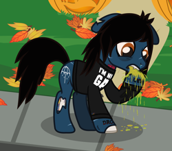 Size: 1472x1294 | Tagged: safe, artist:lightningbolt, derpibooru exclusive, imported from derpibooru, earth pony, pony, undead, zombie, zombie pony, .svg available, blood, bloodshot eyes, bone, bring me the horizon, clothes, fangs, floppy ears, halloween, holiday, jack-o-lantern, leaves, lip piercing, long sleeves, male, nosebleed, oliver sykes, open mouth, outdoors, piercing, ponified, pumpkin, rainbow blood, raised hoof, scar, show accurate, sonic the hedgehog (series), stallion, standing, stitches, svg, tattoo, torn ear, vector, vomit, vomiting