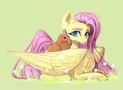 Size: 3150x2300 | Tagged: safe, artist:livitoza, imported from derpibooru, fluttershy, pegasus, pony, rabbit, animal, chest fluff, dandelion, ear fluff, female, folded wings, grass, high res, looking at you, lying down, mare, prone, simple background, solo, turned head, wings