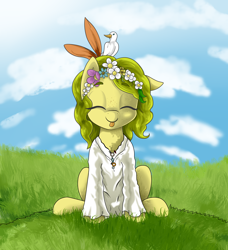 Size: 2916x3192 | Tagged: safe, artist:waffletheheadmare, imported from derpibooru, oc, oc only, oc:flower power, bird, earth pony, pony, clothes, cloud, cottagecore, cute, dress, eyelashes, eyes closed, feather, female, floral head wreath, flower, freckles, grass, green hair, high res, jewelry, mare, necklace, one ear down, sitting, sky, solo, tongue out