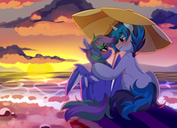 Size: 6200x4500 | Tagged: safe, artist:haruk, imported from derpibooru, oc, oc only, oc:lishka, oc:solar gizmo, pegasus, pony, unicorn, beach, beach umbrella, blushing, duo, female, horn, looking at each other, male, mare, pegasus oc, shipping, sitting, sitting together, stallion, sunset, tail, two toned mane, two toned tail, umbrella, unicorn oc