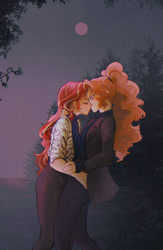 Size: 1335x2050 | Tagged: safe, artist:stummm, imported from derpibooru, adagio dazzle, sunset shimmer, equestria girls, alternate clothes, clothes, coat, eyes closed, female, forest, hand on hip, kissing, lesbian, moon, rain, shipping, sunsagio, sweater, turtleneck
