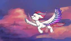 Size: 1280x750 | Tagged: safe, artist:zero-paint, imported from derpibooru, zipp storm, pegasus, pony, spoiler:my little pony: a new generation, cloud, eyes closed, female, floppy ears, flying, g5, mare, my little pony: a new generation, profile, sky, solo, spread wings, wings