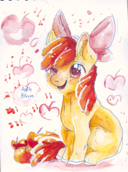 Size: 803x1074 | Tagged: safe, artist:temary03, imported from derpibooru, apple bloom, earth pony, pony, adorabloom, apple, cute, female, filly, food, happy, solo, traditional art