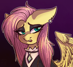 Size: 414x381 | Tagged: safe, artist:turbodragon451, imported from derpibooru, fluttershy, pegasus, pony, bust, clothes, ear piercing, female, floppy ears, fluttergoth, goth, gradient background, looking at you, makeup, mare, open mouth, outline, piercing, portrait, solo, spread wings, three quarter view, wings