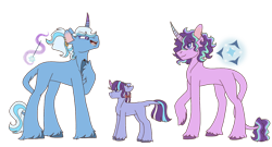 Size: 1280x690 | Tagged: safe, artist:mischievousartist, imported from derpibooru, starlight glimmer, trixie, oc, oc only, pony, unicorn, alternate cutie mark, alternate design, alternate hairstyle, bow, ear piercing, earring, family, female, floppy ears, hair bow, jewelry, leonine tail, lesbian, magical lesbian spawn, offspring, parent:starlight glimmer, parent:trixie, parents:startrix, piercing, shipping, simple background, smiling, startrix, tail, transparent background, unshorn fetlocks