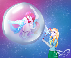 Size: 1280x1033 | Tagged: safe, artist:shizaharu, imported from derpibooru, derpy hooves, pinkie pie, equestria girls, blowing bubbles, bubble, bubble wand, clothes, female, in bubble, panties, pinkie pie trapped in a bubble, skirt, trapped, underwear, upskirt, white underwear