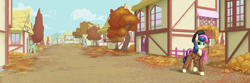 Size: 3900x1300 | Tagged: safe, artist:kirasunnight, imported from derpibooru, bon bon, sweetie drops, earth pony, pony, unicorn, autumn, beret, clothes, commission, female, hat, leaves, mare, ponyville, scenery, tree, trenchcoat