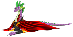 Size: 4808x2480 | Tagged: safe, artist:questionmarkdragon, imported from derpibooru, spike, dragon, armor, cape, clothes, lying down, male, older, older spike, prone, simple background, solo, transparent background