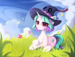 Size: 3900x2925 | Tagged: safe, artist:stahlkat, imported from derpibooru, oc, oc only, oc:magic wind, pony, unicorn, female, grass, hat, high res, lying down, prone, solo, witch, witch hat