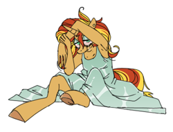 Size: 425x324 | Tagged: safe, artist:hoorncorn, imported from derpibooru, sunset shimmer, anthro, unguligrade anthro, unicorn, clothes, cowering, crying, dress, female, looking at you, simple background, sitting, solo, white background