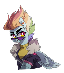 Size: 553x626 | Tagged: safe, artist:hoorncorn, imported from derpibooru, rainbow dash, pegasus, pony, aside glance, bust, clothes, female, folded wings, gritted teeth, jacket, looking at you, looking over sunglasses, mare, older, older rainbow dash, simple background, smiling, solo, sunglasses, teeth, three quarter view, transparent background, wings