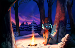 Size: 2500x1603 | Tagged: safe, artist:mrscroup, imported from derpibooru, oc, oc only, changeling, equestria at war mod, blue eyes, campfire, changeling oc, clothes, fire, forest, rock, sitting, snow, solo, tree