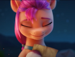 Size: 708x547 | Tagged: safe, imported from derpibooru, screencap, sunny starscout, earth pony, pony, spoiler:my little pony: a new generation, 3d, cropped, eyes closed, g5, hoof on chest, hopeful, my little pony: a new generation, paper, smiling, solo