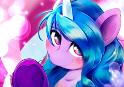 Size: 2048x1430 | Tagged: safe, artist:kurogewapony, imported from derpibooru, izzy moonbow, pony, unicorn, spoiler:my little pony: a new generation, abstract background, blushing, bust, cute, female, g5, heart, hoof heart, izzybetes, looking at you, mare, my little pony: a new generation, smiling, solo, underhoof, upside-down hoof heart