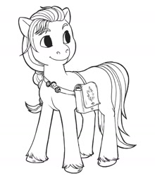 Size: 1382x1570 | Tagged: safe, artist:spectralunicorn, imported from derpibooru, sunny starscout, earth pony, pony, black and white, female, g5, grayscale, lineart, mare, monochrome, satchel, simple background, solo, white background