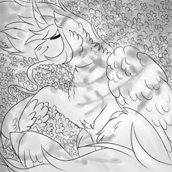 Size: 3000x3000 | Tagged: safe, artist:gingygin, imported from derpibooru, oc, oc only, oc:penumbra, alicorn, pony, flower, fluffy, grayscale, high res, lying down, male, monochrome, offspring, on side, parent:king sombra, parent:twilight sparkle, parents:twibra, sleeping, solo, stallion