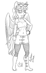 Size: 959x1500 | Tagged: safe, artist:sepiakeys, imported from derpibooru, rainbow dash, anthro, pegasus, plantigrade anthro, belly button, boots, clothes, fishnets, lipstick, monochrome, rainbow dash always dresses in style, shoes, skirt, solo, sunglasses