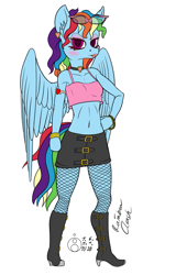 Size: 767x1200 | Tagged: safe, artist:sepiakeys, imported from derpibooru, rainbow dash, anthro, pegasus, plantigrade anthro, belly button, bimbo dash, boots, clothes, ear piercing, earring, fishnets, jewelry, lipstick, monochrome, piercing, rainbow dash always dresses in style, shoes, skirt, solo, sunglasses