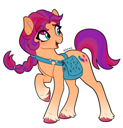 Size: 1200x1250 | Tagged: safe, artist:doggie31, imported from derpibooru, sunny starscout, earth pony, pony, backwards cutie mark, badge, bag, braid, coat markings, colored hooves, eye clipping through hair, eyebrows, eyebrows visible through hair, female, fluttershy's cutie mark, g5, looking back, mare, my little pony: a new generation, open mouth, rainbow dash's cutie mark, raised eyebrow, raised hoof, satchel, signature, simple background, smiling, socks (coat markings), solo, transparent background, twilight sparkle's cutie mark, unshorn fetlocks