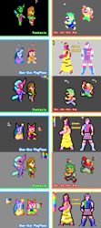 Size: 512x1152 | Tagged: safe, artist:derek the metagamer, imported from derpibooru, hitch trailblazer, izzy moonbow, pipp petals, sprout cloverleaf, sunny starscout, zipp storm, oc, oc:demberk, anthro, changedling, changeling, dragon, human, spoiler:my little pony: a new generation, aseprite, clothes, final fantasy, g5, humanized, humanized dragon, legacy of the wizard, mane five (g5), master of darkness, my little pony: a new generation, pixel art, sprite, super mario bros., x-men 2: game master's legacy