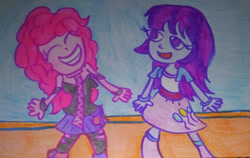 Size: 1280x811 | Tagged: safe, artist:dex stewart, imported from derpibooru, mystery mint, pinkie pie, equestria girls, clothes swap, duo, duo female, eyes closed, female, grin, smiling, traditional art