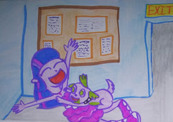 Size: 1280x902 | Tagged: safe, artist:dex stewart, imported from derpibooru, spike, twilight sparkle, dog, equestria girls, armpit tickling, armpits, eyes closed, laughing, spike the dog, tickling, traditional art