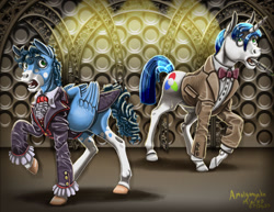 Size: 1024x792 | Tagged: safe, artist:amalgamzaku, imported from derpibooru, oc, oc only, pegasus, pony, unicorn, clothes, doctor who, mouth hold, not shining armor, sonic screwdriver