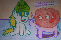 Size: 1280x842 | Tagged: safe, artist:dex stewart, imported from derpibooru, izzy moonbow, oc, oc:fargate, earth pony, pony, aqua teen hunger force, beanie, g5, hat, ignignokt, meatwad, rocking horse, traditional art