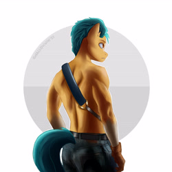 Size: 4724x4724 | Tagged: safe, artist:shallowwin, imported from derpibooru, hitch trailblazer, anthro, earth pony, ass, belt, butt, clothes, g5, gloves, jeans, male, markings, muscles, muscular male, muscular stallion, my little pony: a new generation, nudity, pants, partial nudity, solo, stupid sexy hitch trailblazer, topless