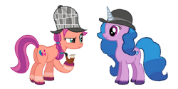 Size: 1280x640 | Tagged: safe, artist:detectivefrankie, imported from derpibooru, izzy moonbow, sunny starscout, earth pony, pony, unicorn, bowler hat, braid, butt, cute, cutie mark, deerstalker, detective, female, friends, g4, g5, g5 to g4, hat, horn, mare, my little pony: a new generation, pipe, plot, sherlock, sherlock holmes, simple background, smiling, transparent background, vector, watson