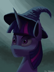 Size: 1000x1346 | Tagged: safe, artist:vezja, imported from derpibooru, twilight sparkle, abstract background, bust, female, hat, mare, nightmare night, portrait, witch, witch hat