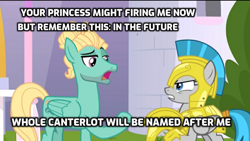 Size: 1381x778 | Tagged: safe, edit, edited screencap, imported from derpibooru, screencap, windstorm, zephyr breeze, pegasus, pony, sparkle's seven, spoiler:my little pony: a new generation, caption, duo, female, g5, guardsmare, headcanon, image macro, male, mare, misspelling, my little pony: a new generation, pegasus royal guard, royal guard, stallion, text, zephyr heights