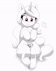 Size: 3251x4096 | Tagged: safe, artist:pabbley, imported from ponybooru, izzy moonbow, pony, unicorn, spoiler:my little pony: a new generation, beans, belly button, between legs, both cutie marks, can, crushing, female, floating heart, food, frog (hoof), g5, heart, izzy's beans, looking down, mare, monochrome, my little pony: a new generation, neo noir, partial color, simple background, sitting, smiling, solo, underhoof, white background