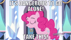 Size: 960x539 | Tagged: safe, edit, edited screencap, editor:undeadponysoldier, imported from ponybooru, screencap, pinkie pie, spike, dragon, earth pony, pony, the crystal empire, bipedal, blinking, crystal empire, cute, diapinkes, eyebrows, female, happy, holding a dragon, hub logo, it's dangerous to go alone take this, male, mare, meme, new, picking up, reference, spikabetes, the legend of zelda, window