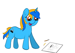 Size: 4960x3508 | Tagged: safe, artist:mlpfimguy, imported from ponybooru, oc, oc:wapa viddter, pony, unicorn, censored, female, horn, mare, milk puddle, open mouth, open smile, paintbrush, pencil, ponybooru exclusive, simple background, smiling, solo, unicorn oc